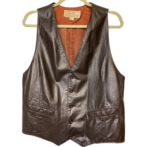 VTG Leather Vest Brown button up pockets Leather Attic Sz S EU 40 lined Unisex - Picture 8 of 8